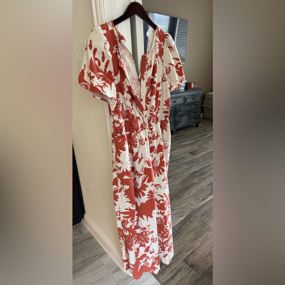 Orangish Red and White Anthropologie Romper